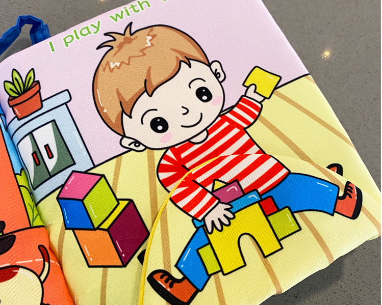 Đồ chơi sơ sinh an toàn - Cuốn sách vải tương tác với bé chủ đề:"Một ngày vui vẻ của tôi"-My happy day-Hàng xuất khẩu