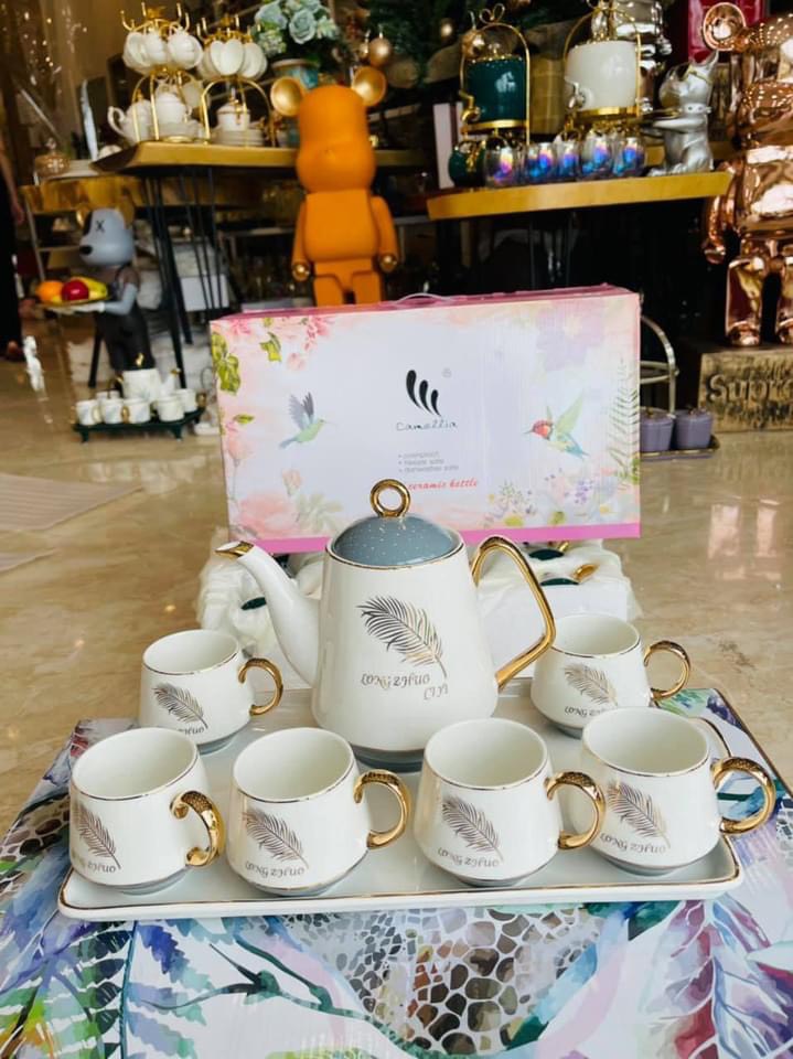 BỘ ẤM CHÉN KÈM KHAY SỨ PHA TRÀ CÀ PHÊ VIỀN VÀNG CAO CẤP - VD196