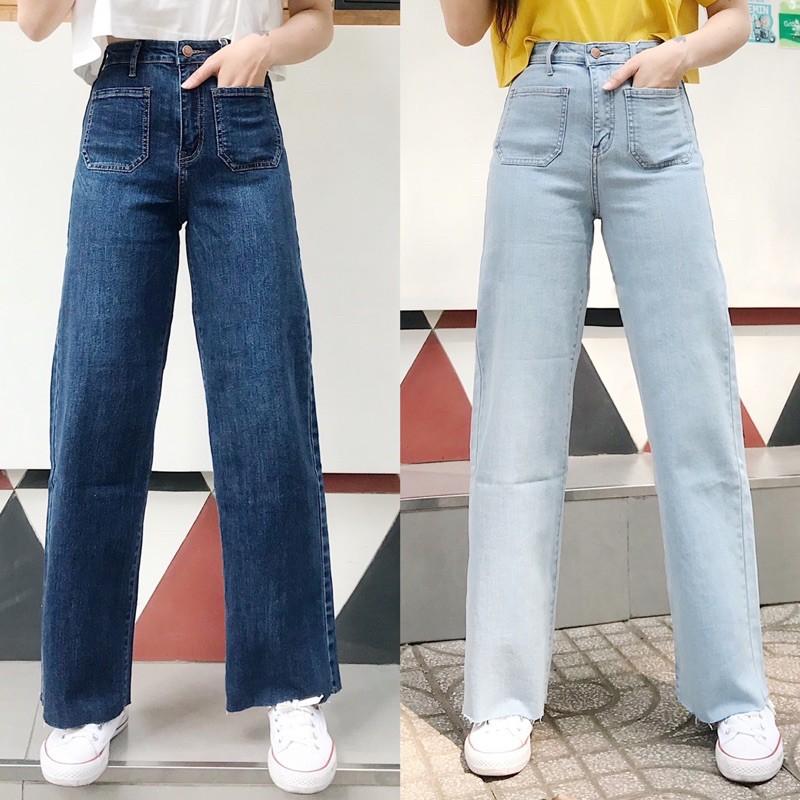 Quần Jean Culottes Lai Cắt Dáng Dài- Quần Bò Ống Suông Rộng Có Co Giản Xuất Chuẩn