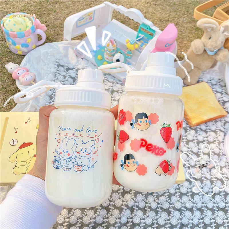 Dễ Thương Dâu Tây Bình Nước Thủy Tinh Có Ống Hút Di Động Chống Rò Rỉ Dành Cho Trẻ Em Chai Cho Trường Uống Rõ Ràng Sữa Sippy Cup