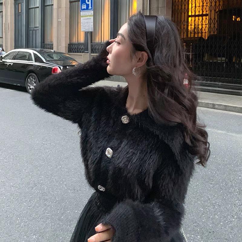 MS387 Áo len lông thỏ cổ bẻ dáng ngắn