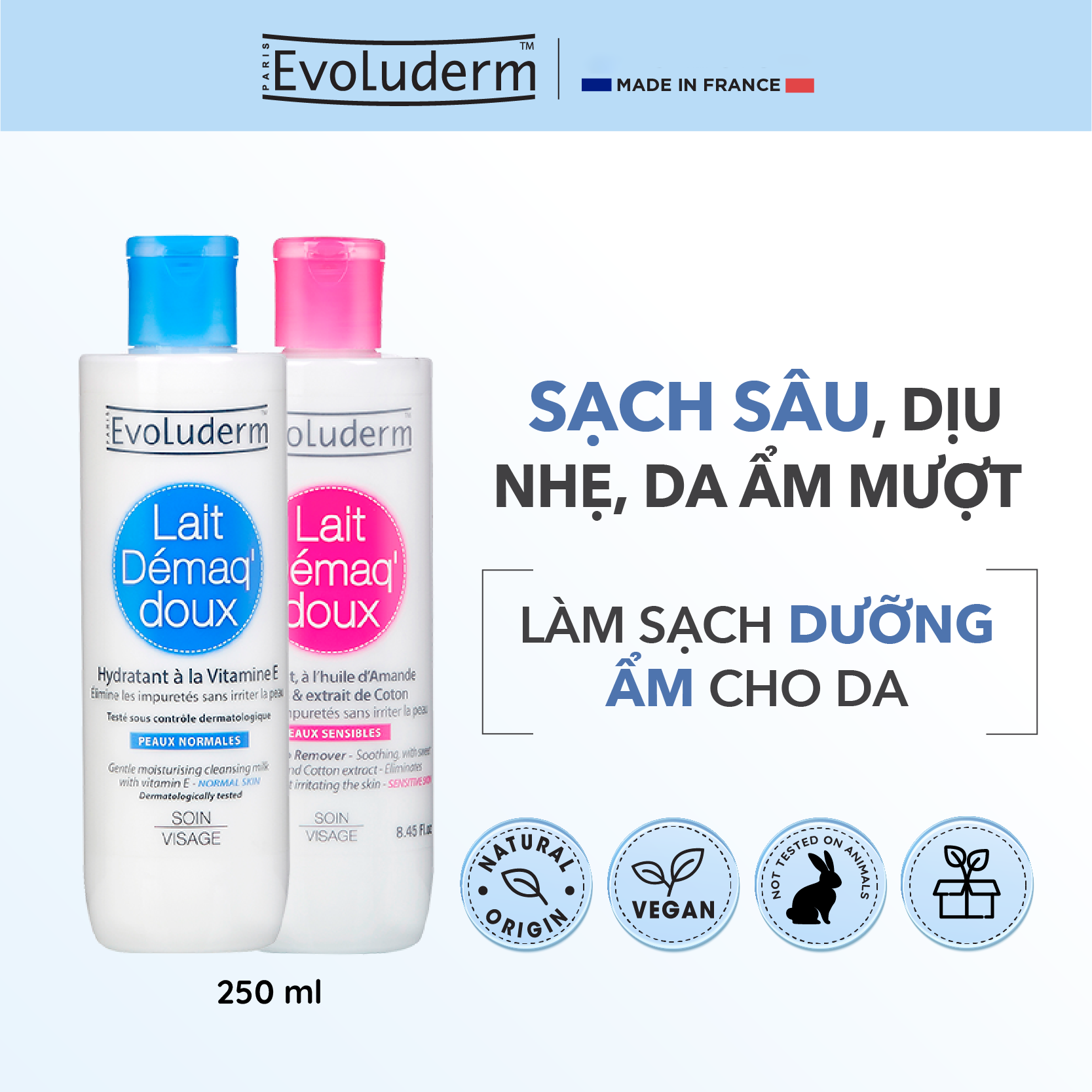 Sữa tẩy trang rửa mặt Evoluderm bổ sung Vitamin E giúp dưỡng ẩm và làm tươi trẻ làn da 500ml
