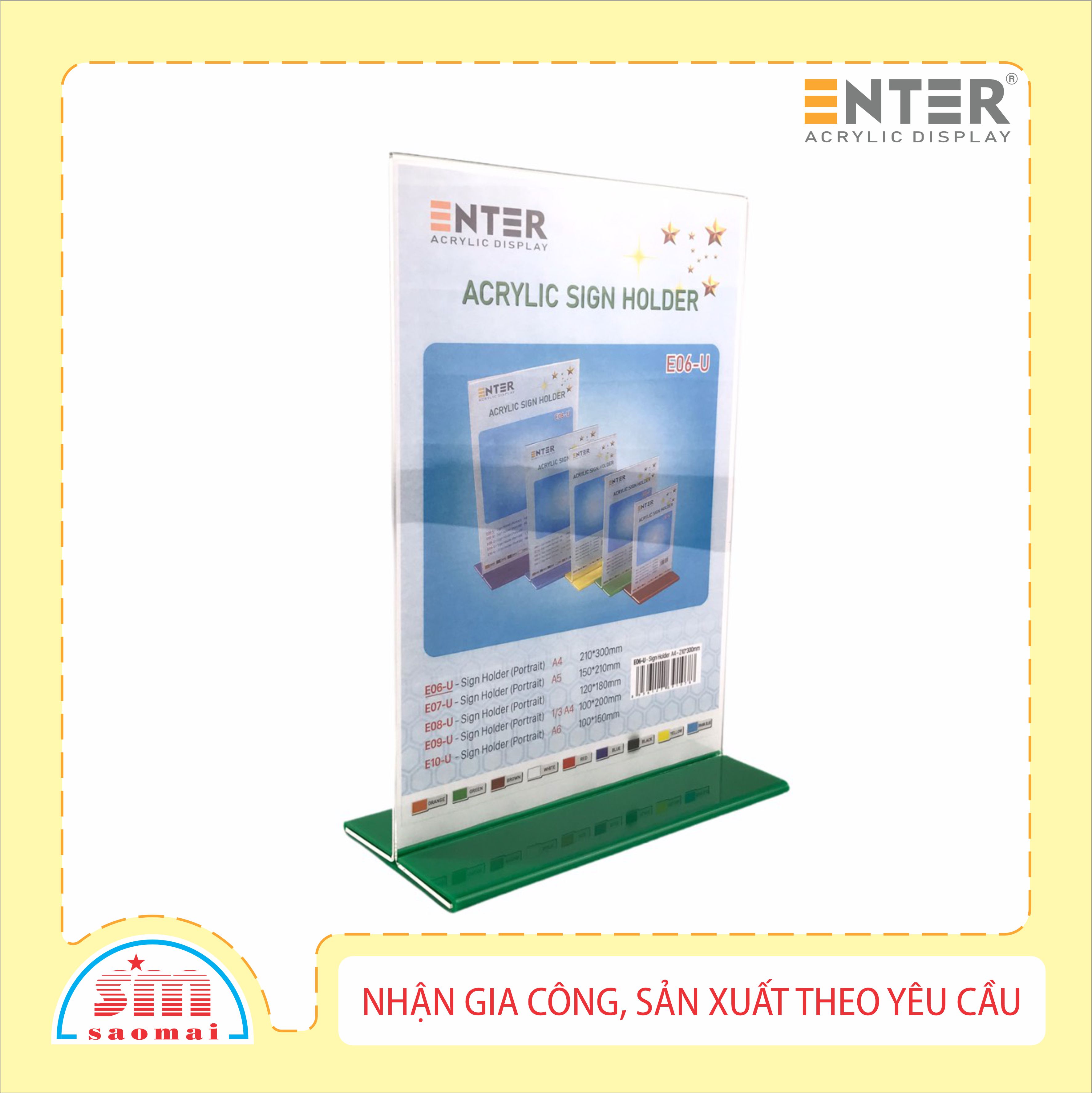 Kệ mica 2 mặt Enter E06-U LR 210x300mm đế lùa uốn bằng