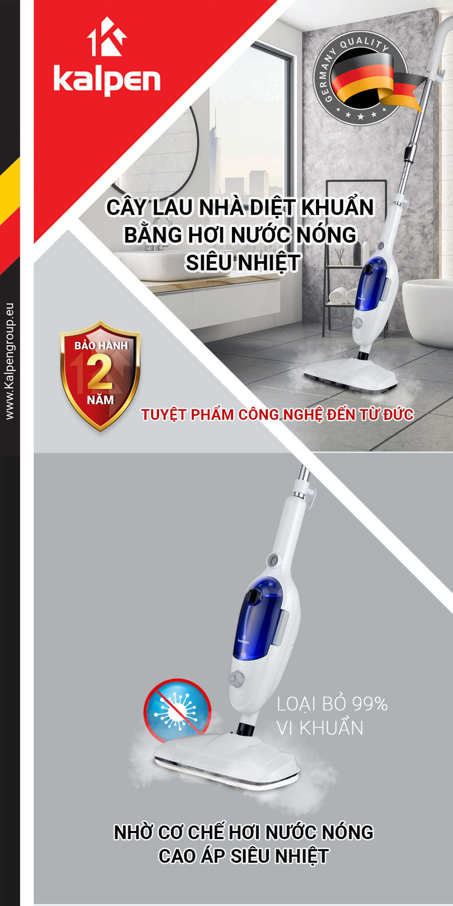 Cây Lau Nhà Diệt Khuẩn Bằng Hơi Nước Nóng Siêu Nhiệt Kalpen SMK-3960