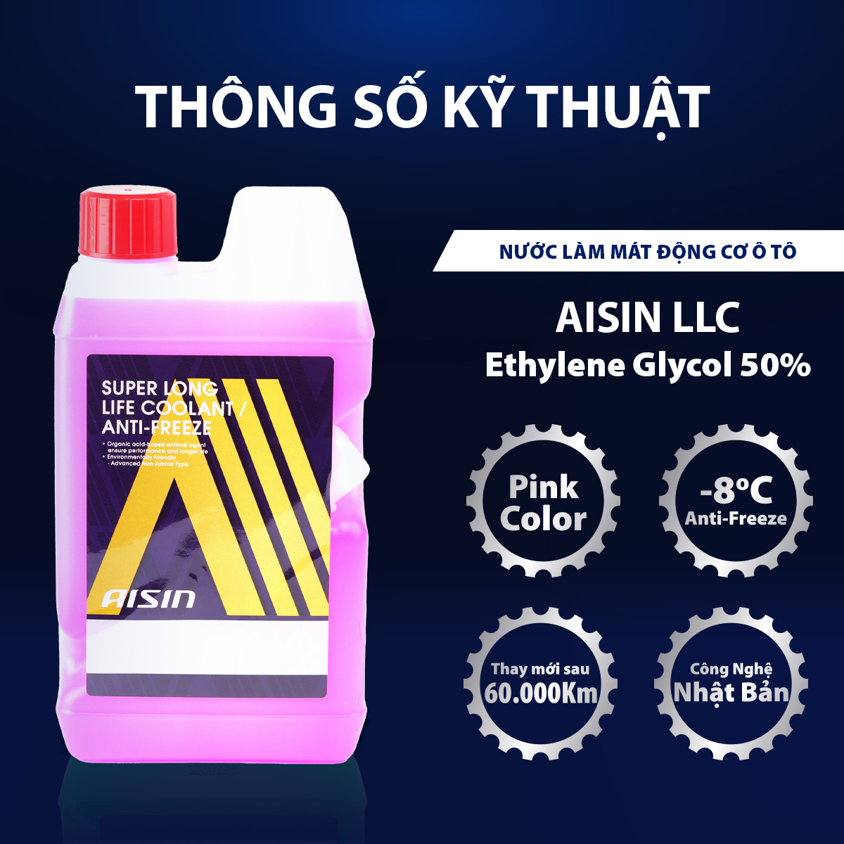 Nước Làm Mát Động Cơ Màu Hồng AISIN Super Long Life Coolant 50% 1 Lít SCPM50A1LPK - Nhập Khẩu Chính Hãng