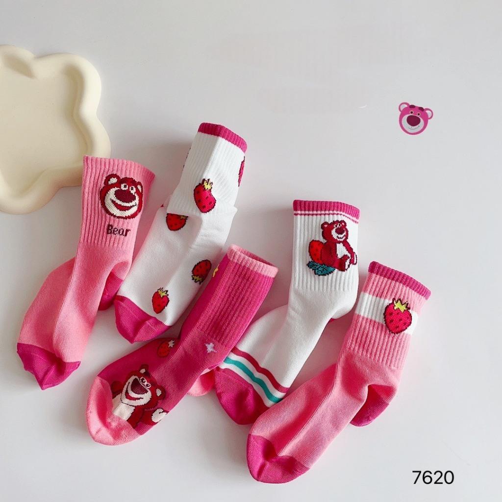 Set 5 Đôi Tất Gấu Dâu Hồng Cổ Cao Cho Các Bé Siêu Hot TE1