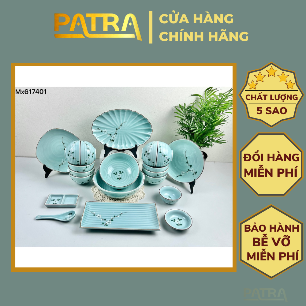 Bộ bát đĩa ăn cơm, bộ đĩa men lam ngọc gốm sứ Bát Tràng vẽ hoa đào trắng cao cấp nhiều mẫu