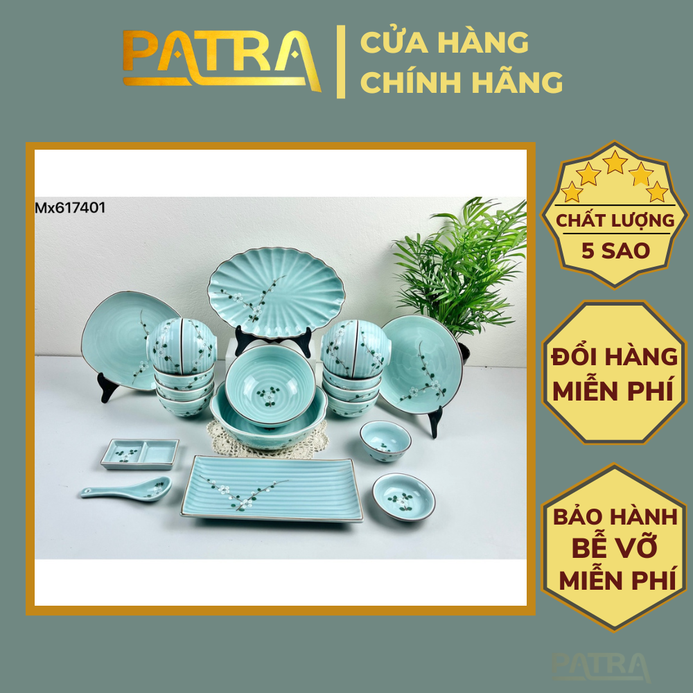 Bộ bát đĩa ăn cơm, bộ đĩa men lam ngọc gốm sứ Bát Tràng vẽ hoa đào trắng cao cấp nhiều mẫu