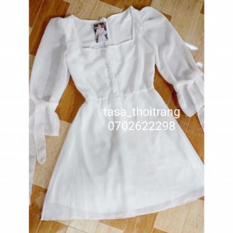 TBO-Ảnh thật Đầm voan tay nơ đính cườm tiểu thư sang chảnh, váy ngắn xòe trắng cổ vuông tay lỡ thắt nơ