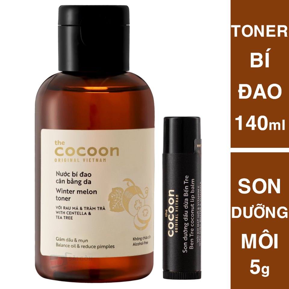 Combo toner bí đao rửa mặt cocoon 140ml + Son dưỡng môi dầu dừa bến tre the cocoon 5g