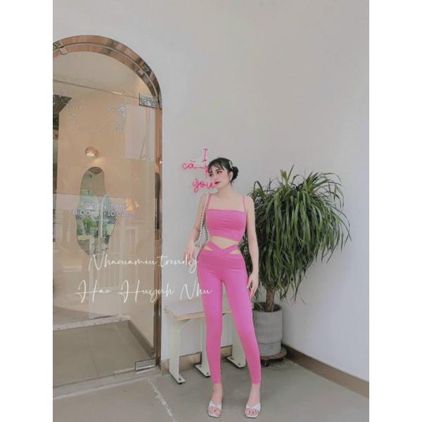 Sét áo 2 dây croptop quần legging chéo eo