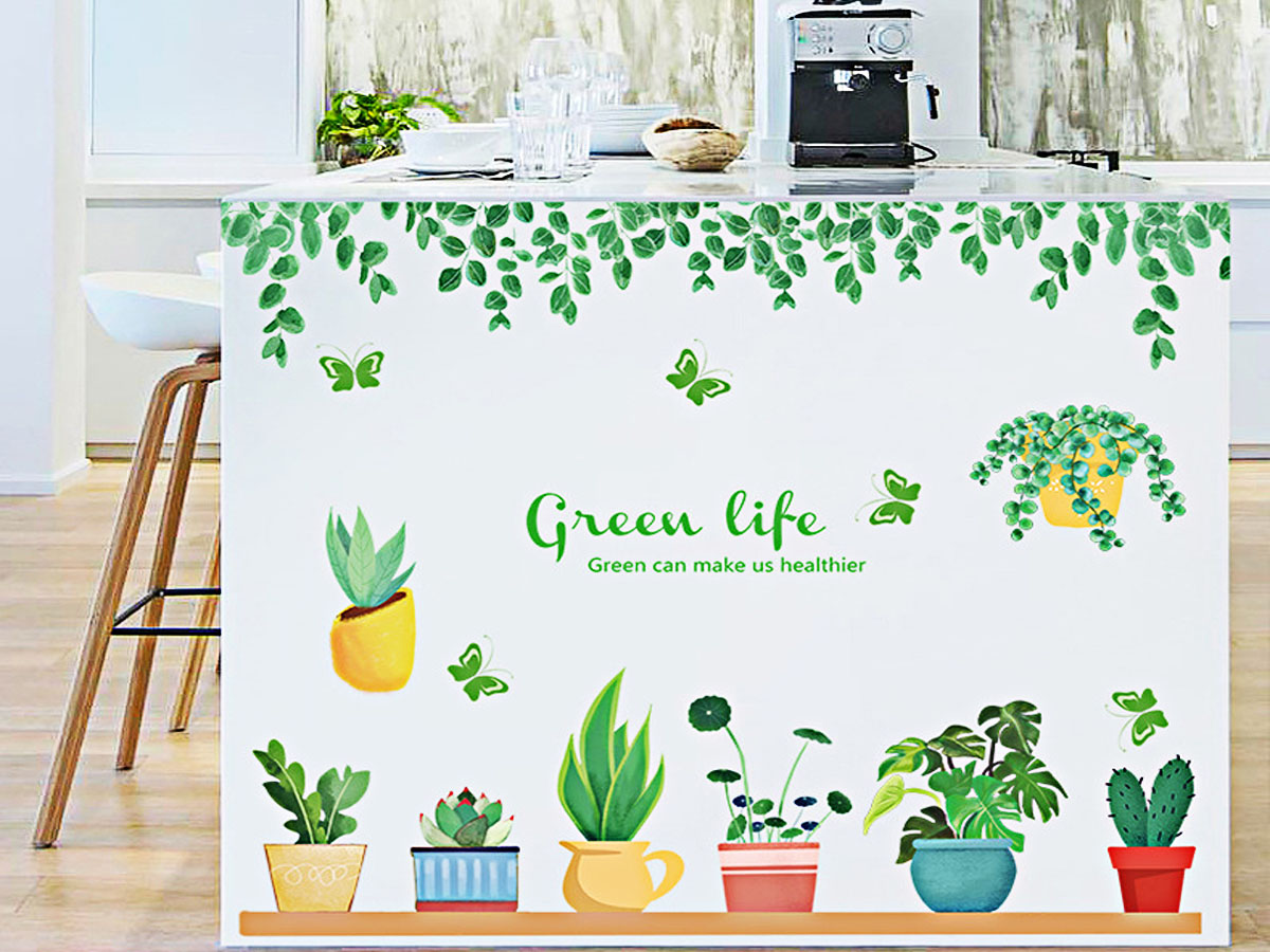 decal dán tường chậu cây và tán lá greeen