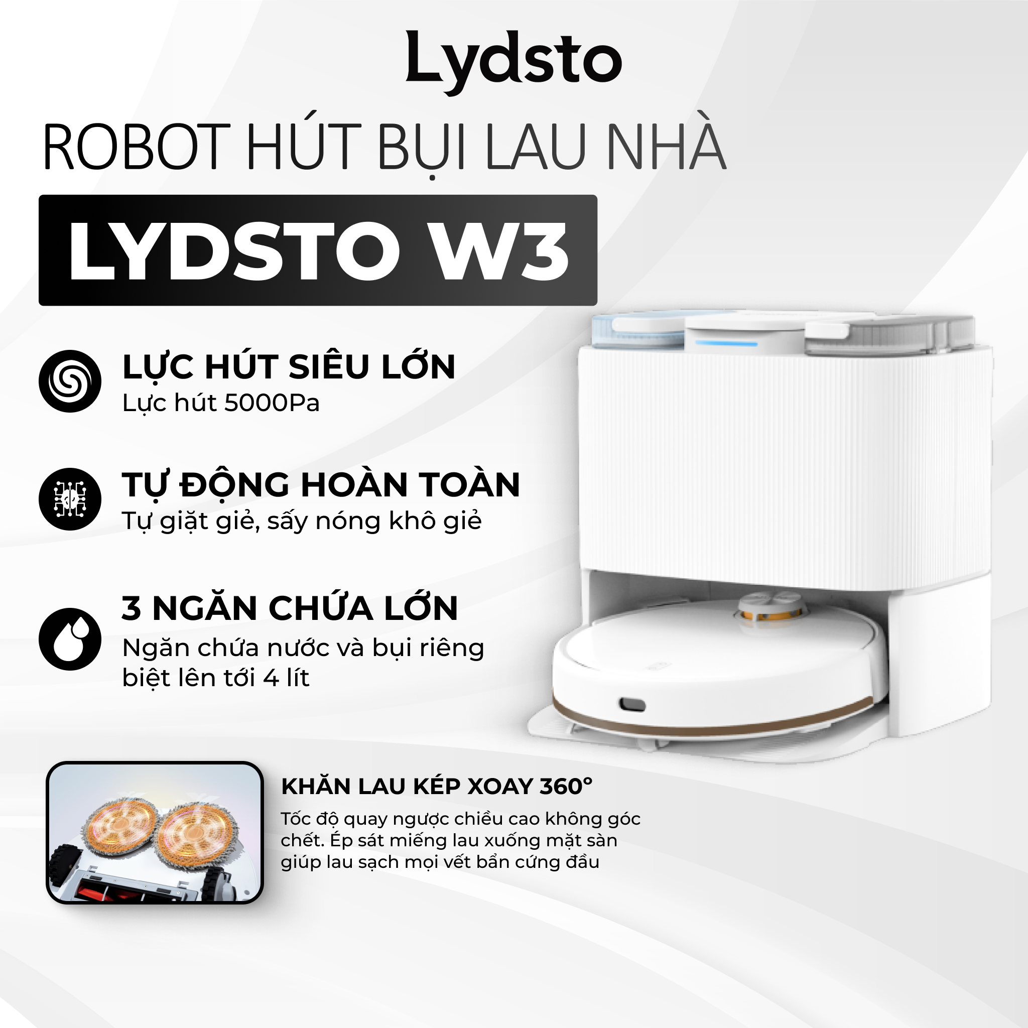 Robot hút bụi lau nhà tự động thông minh Lydsto W3 lức hút 5000Pa diện tích hoạt động 200m2 - Hàng chính hãng