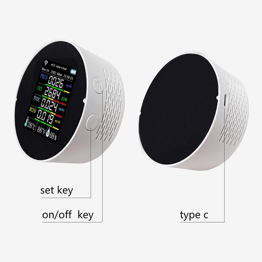 Tuya Wifi Portable Air Quality Meter 7in1 PM2.5 CO2 TVOC HCHO AQI Temperature Humidity Tester Color Display Carbon Dioxide Detector Support Cellphone APP Control with Calendar Function