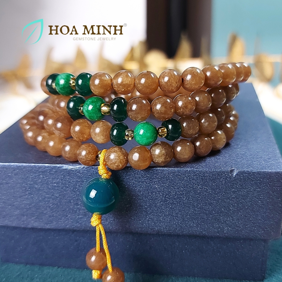 Vòng tay chuỗi 108 hạt đá Mã Não màu nâu ngọc hoà điền size 6.5 li phối bánh xe mã não, cẩm thạch sơn thủy, tài lộc bình an