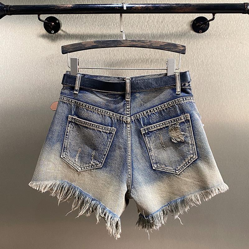 Quần Short Denim Ống Rộng Đính Đá Kiểu Retro Châu Âu Cá Tính Cho Nữ