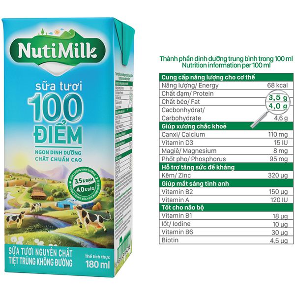 Thùng 48 hộp NutiMilk Sữa tươi 100 điểm - Sữa tươi nguyên chất tiệt trùng Không đường hộp 180ml