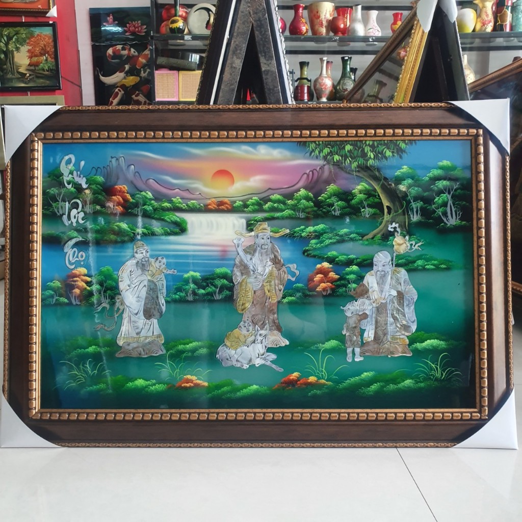 Tranh sơn mài Phúc Lộc Thọ cẩn ốc hàng xuất khẩu 40x60 cm trang trí nhà cửa, quà tặng tân gia, chúc Thọ ý nghĩa
