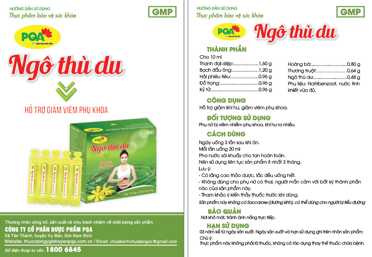 Ngô Thù Du PQA Thành Phần Thiên Nhiên Hỗ Trợ Giảm Khí Hư, Viêm Phụ Khoa Ở Phụ Nữ Hộp 10 Ống