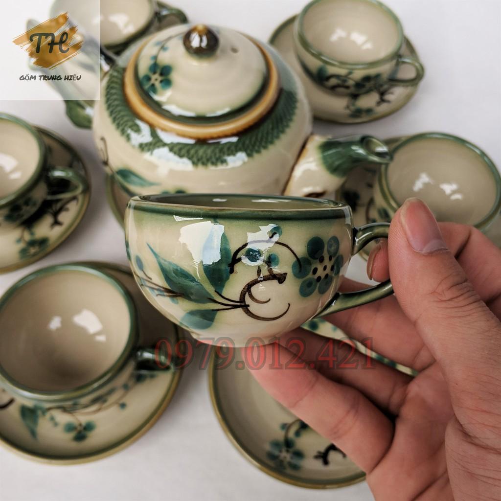 Bộ ấm chén Bát Tràng men bóng vẽ Đào xanh