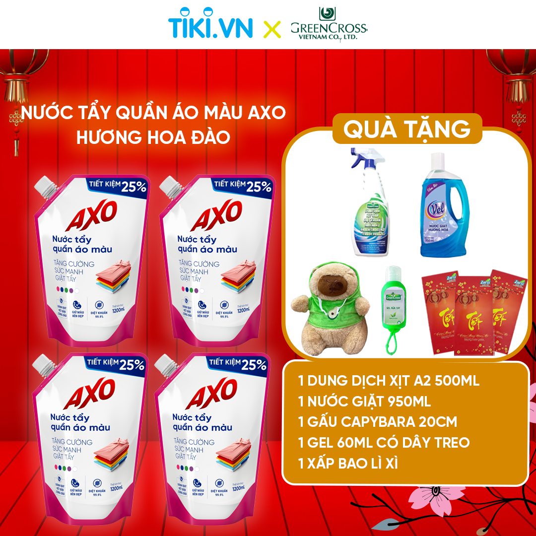 [Combo 4 TẶNG 5] 4 Túi Nước tẩy quần áo màu đánh bay vết bẩn AXO 1200ml không mùi khó chịu