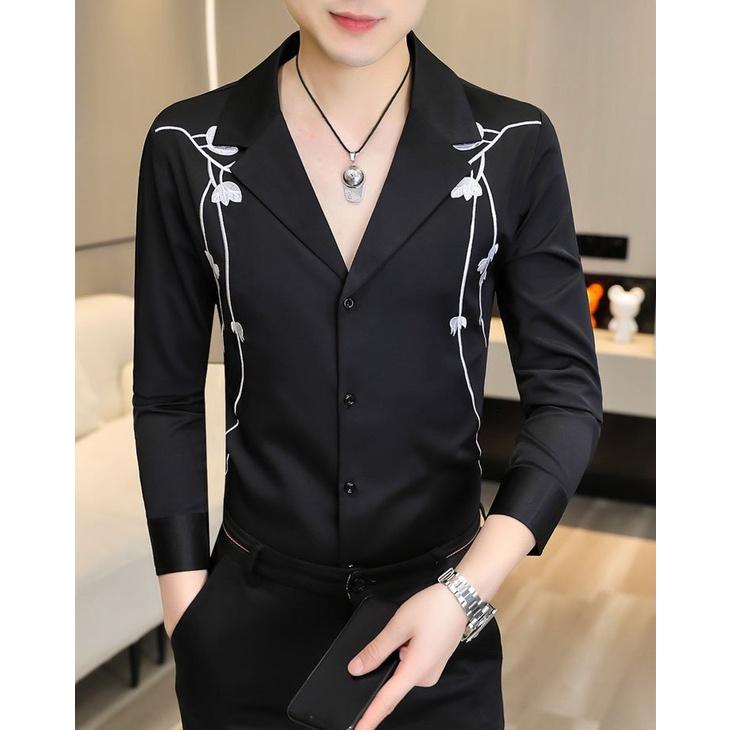 Áo sơ mi, áo nam cổ vest hình thêu tinh tế trẻ trung phong cách Hàn Quốc chất vải mềm đứng form N53
