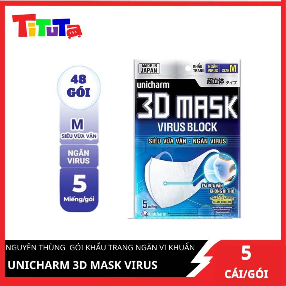 Thùng Khẩu Trang Unicharm 3D Mask Virus Block Ngăn Virus (48 Gói)