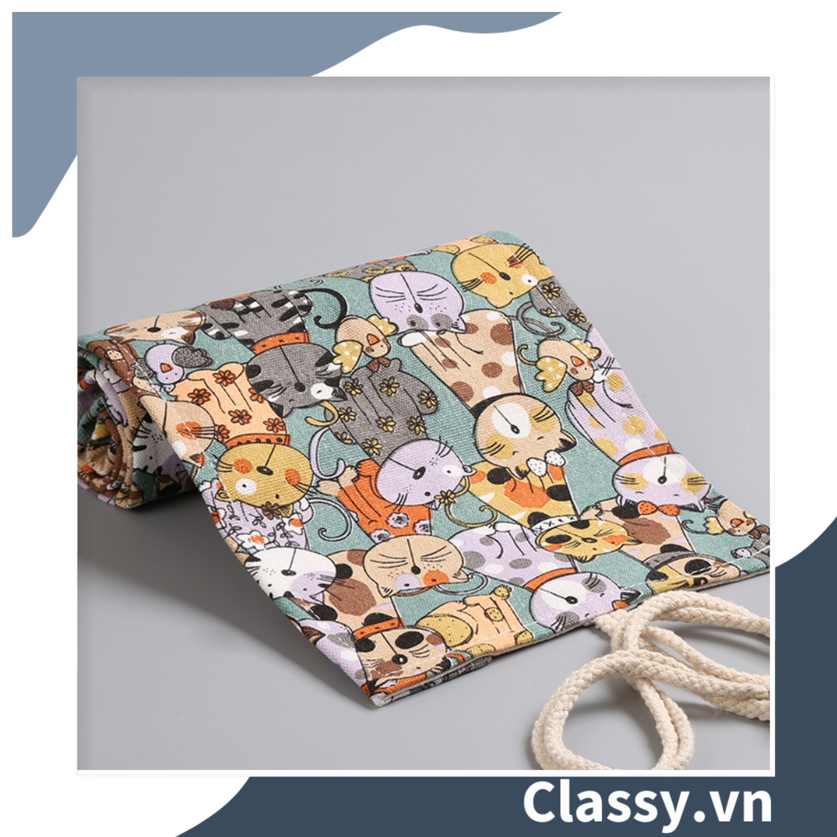 Túi đựng bút dạng cuộn vải cotton, phong cách vintage hình mèo PK617