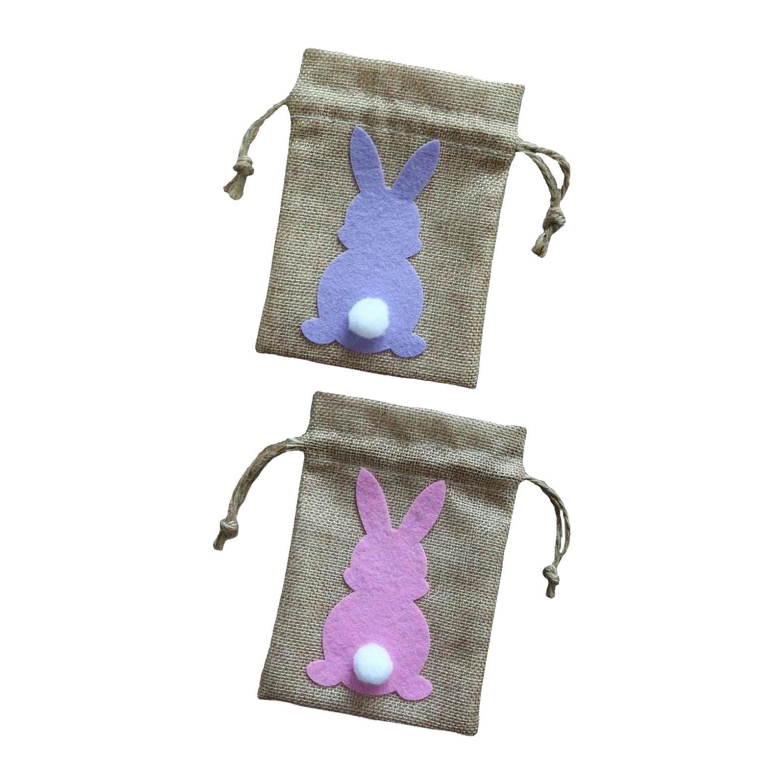 Set of 2Pcs Easter Bunny Decor Drawstring Burlap Bag 14x10cm