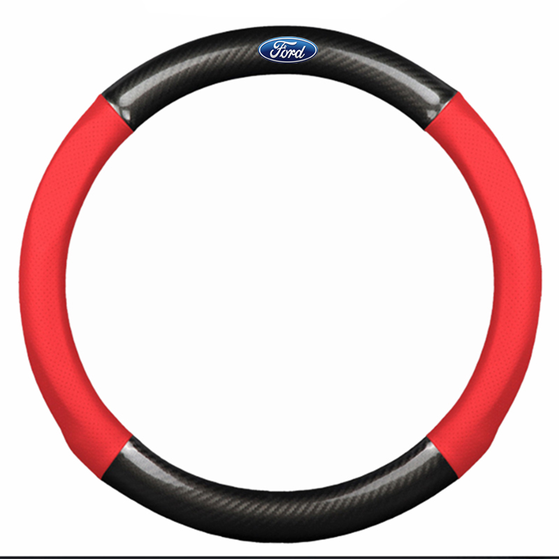 Bọc vô lăng TTAUTO cho xe ô tô chất liệu da vân carbon cao cấp có logo FORD (Đen Đỏ)