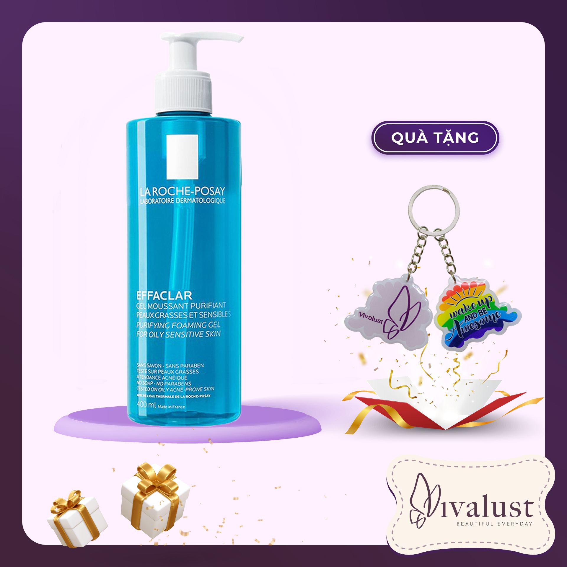 Gel Rửa Mặt Tạo Bọt Dành Cho Da Dầu Nhạy Cảm La Roche-Posay Effaclar Purifying Foaming Gel 400ml + Tặng 1 Móc Khóa Nhựa 2 Mặt