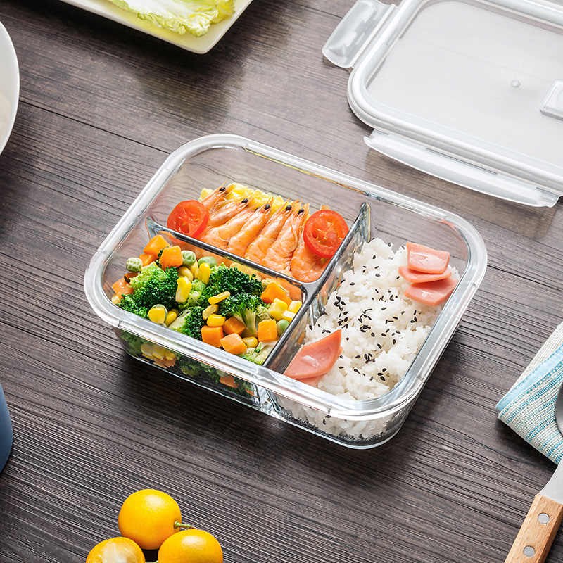 Bộ Hộp Cơm Thủy Tinh 3 Ngăn Cao Cấp - Kèm Túi Xách , Bát Tròn đựng canh và Đũa Thìa inox