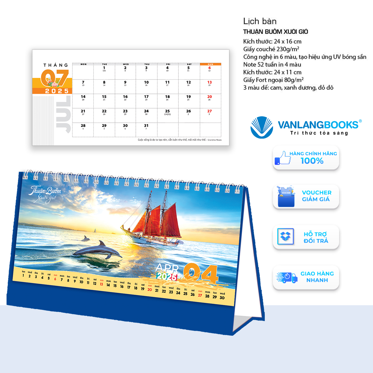 Lịch 2025 Lịch Bàn Ngang - Thuận Buồm Xuôi Gió - VLLB15 - Lịch Văn Lang - Xanh