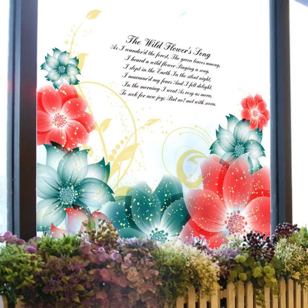 Decal trang trí kính cao cấp mẫu Hoa lớn đỏ xanh