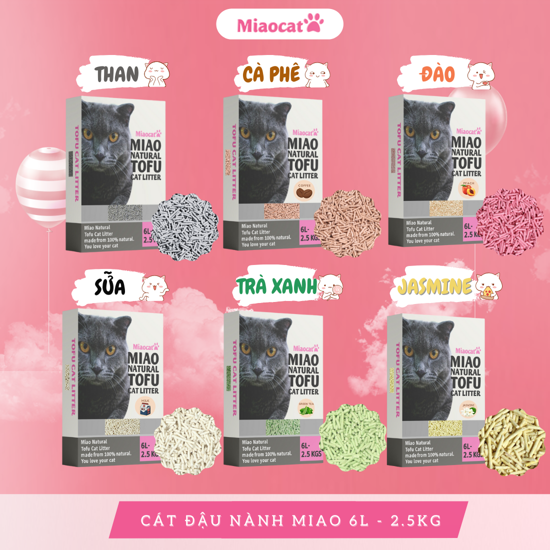 Cát vệ sinh, cát đậu nành cho mèo MIAO 6L nhiều mùi hương - MIAOCAT