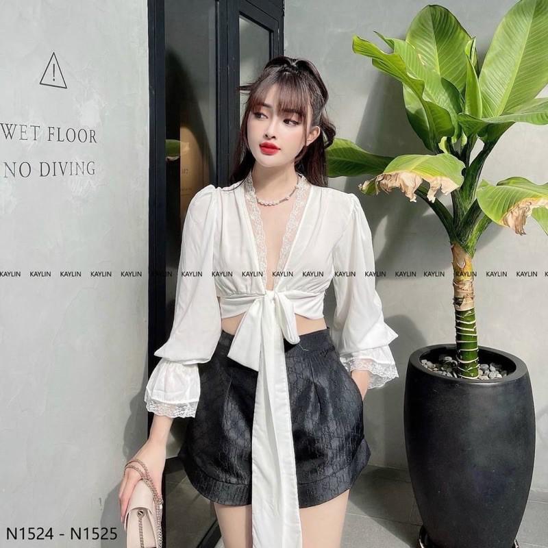 áo cổ v phối ren buộc nơ tay dài sexy