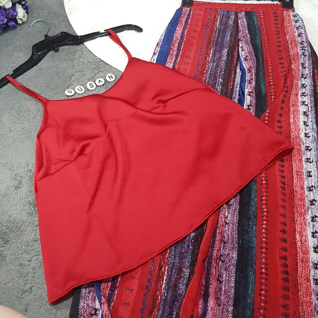 SÉT Hai Dây Áo Satin Phối Quần Ống Rộng Vải Lụa Họa Tiết Thổ Cẩm Đi Chơi Đi Biển