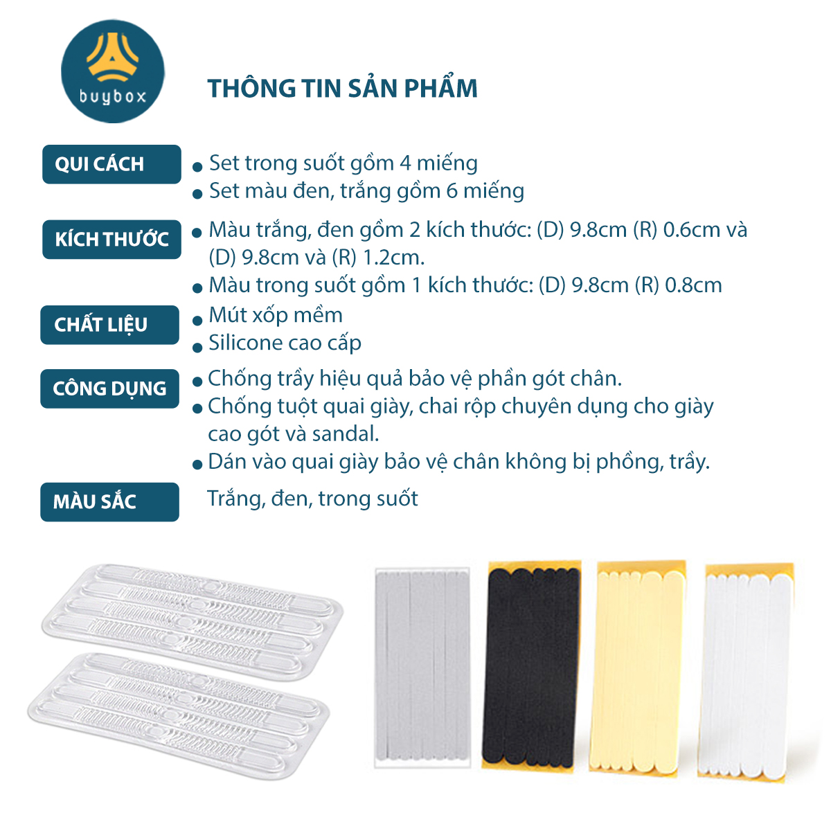 Combo 5 Miếng dán chống trầy gót chuyên dùng cho sandal, giày cao gót chất liệu EVA, silicone cao cấp - Buybox - BBPK282