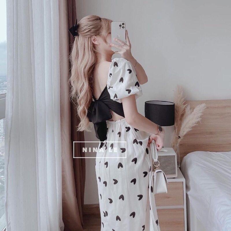 Đầm Nữ Cổ Vuông Họa Tiết Trái Tim Nơ Lưng Cộc Tay Vải Đũi Lụa Q112