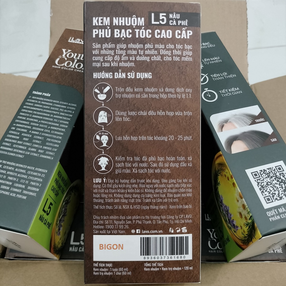 Nâu Cà Phê(Nâu Sáng L5) - Kem Nhuộm Dưỡng Tóc Phủ Bạc Lavox Youth&amp;Color L5 - Màu Nâu Cà Phê (Mẫu Cũ Nâu Sáng)