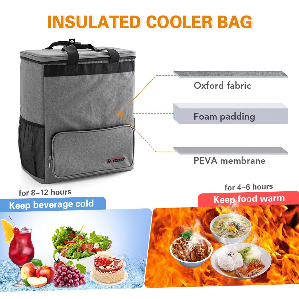 Ba lô giữ lạnh được làm bằng vải oxford chống mài mòn, đệm mút dày và màng PEVA chống thấm nước