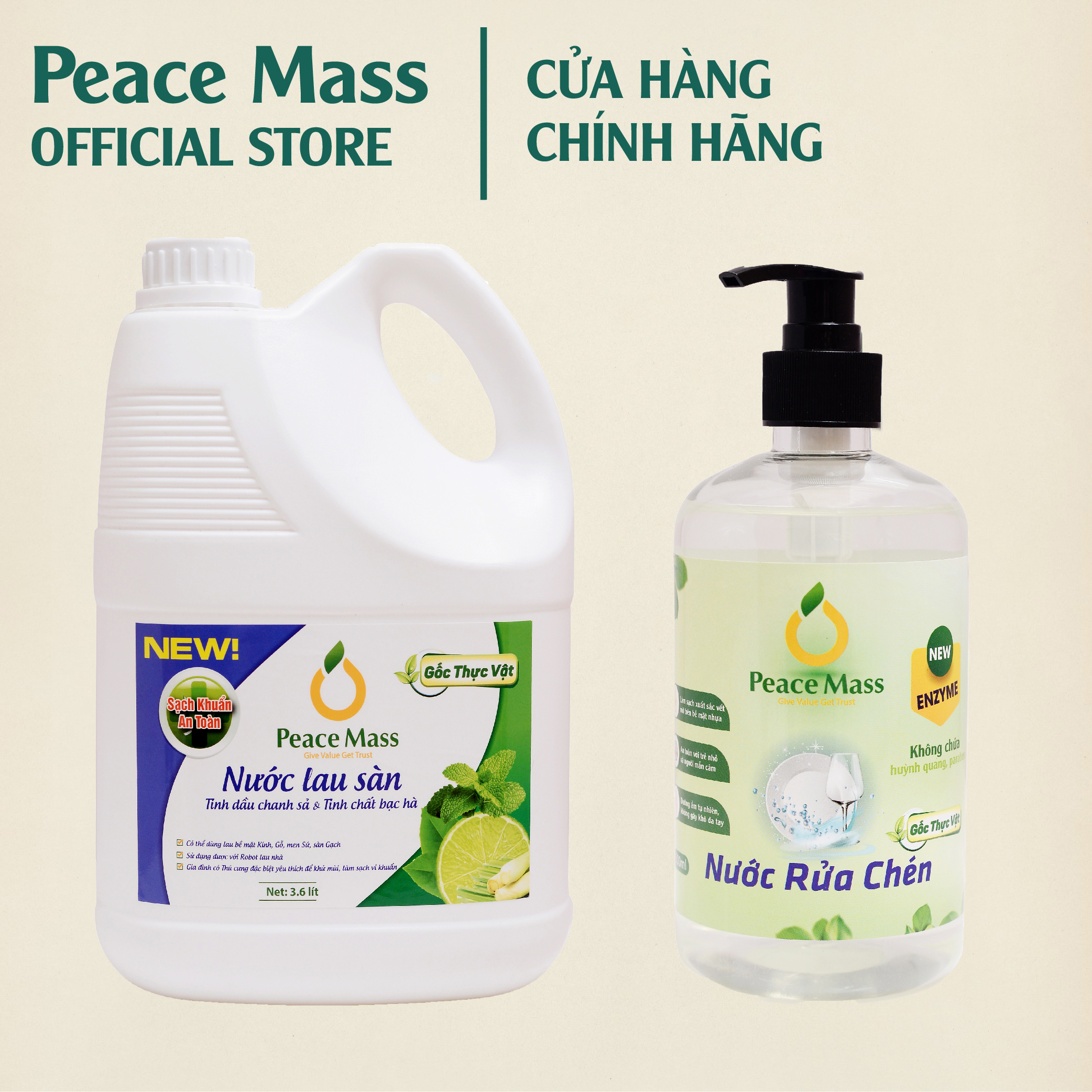 Combo Sản Phẩm Gốc Thực Vật LSB1 Peace Mass - Nước Lau Sàn TD Chanh Sả - Bạc Hà 3.6l + Nước Rửa Chén 500ml