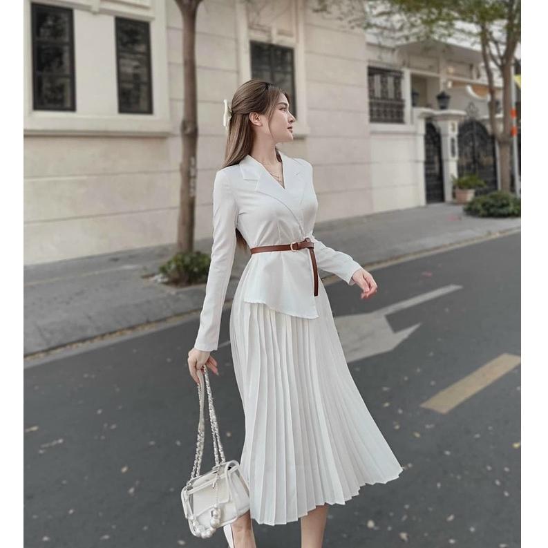 Sét đầm váy nữ áo kiểu sơ mi tay dài mix cùng chân váy dài xếp ly thanh lịch Kgia fashion