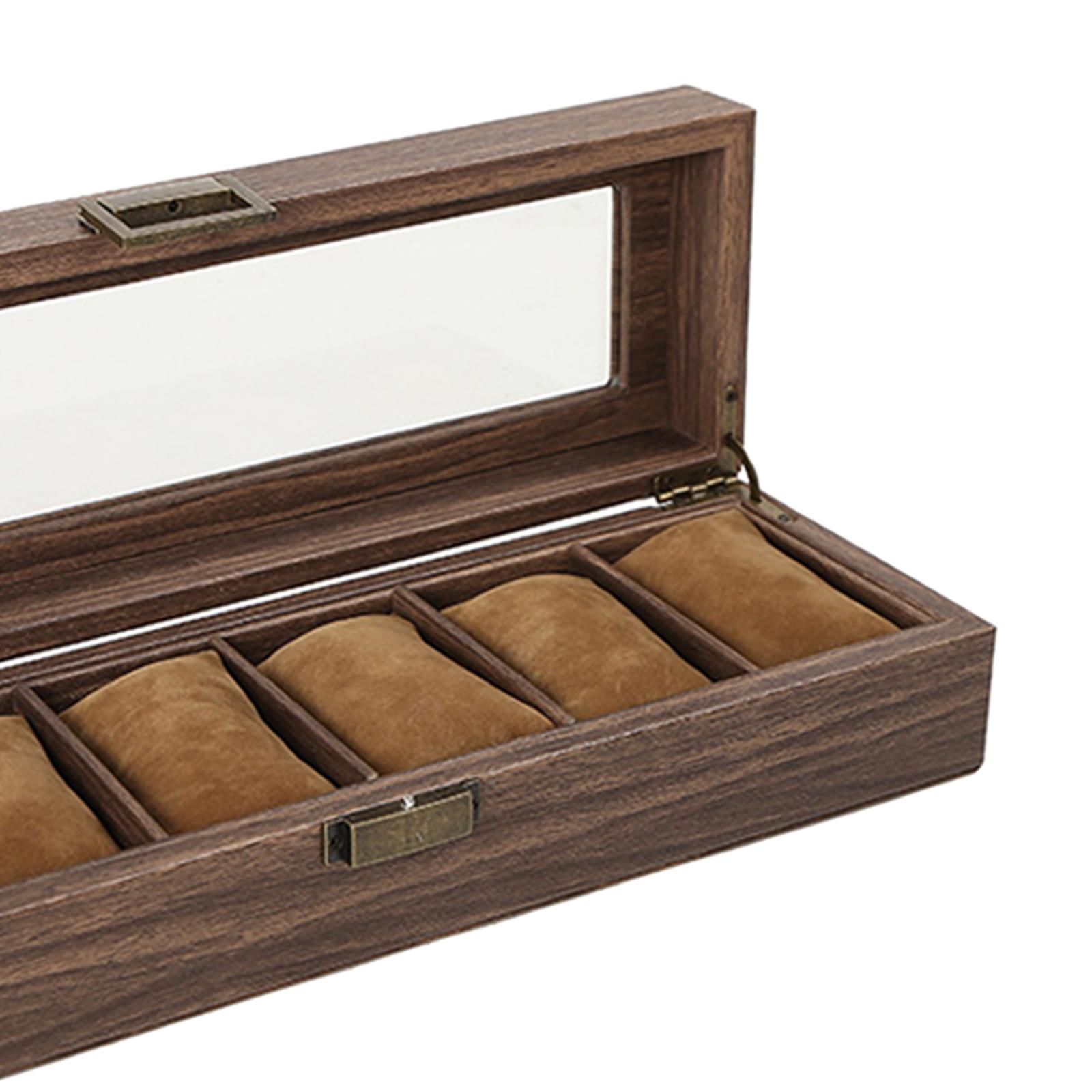 Luxury Wooden Watch Box Men Jewelry Rings Case Organizer Glass Top 6 Grid