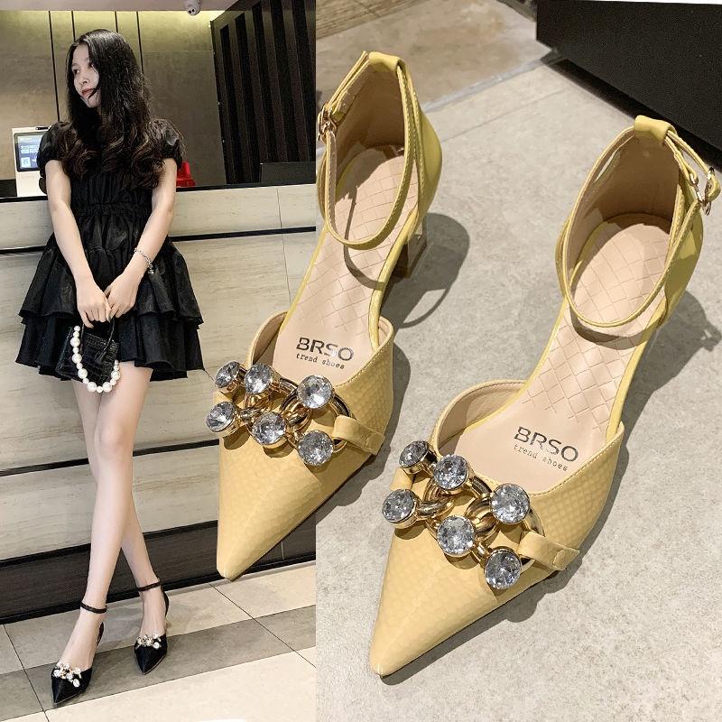 22 Spring and Summer New Fairy Diamond Fashion Sandals online celebrities in the same style with Baotou thick heel single shoe tip buckle