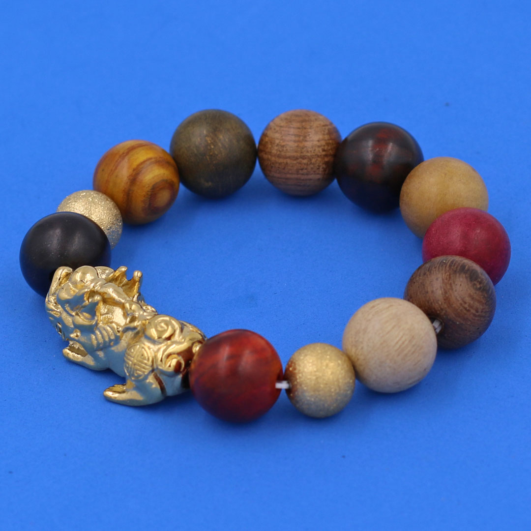 Vòng chuỗi đeo tay gỗ đàn hương 8 màu 15 ly  charm tỳ hưu và bi inox, vòng tay chuỗi hạt
