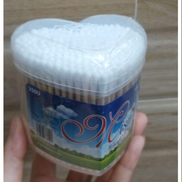 Tăm bông y tế cán gỗ tiệt trùng cứng cáp Misu hộp tim 250 que