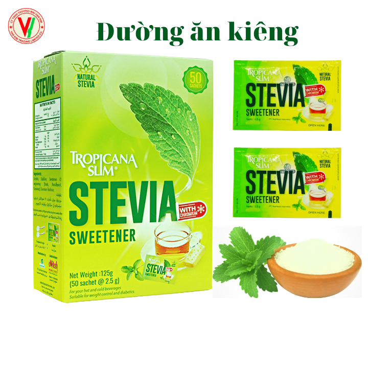 Đường Ăn Kiêng Tropicana Slim Stevia 125gr - Chiết Xuất Từ Lá Cỏ Ngọt Stevia 125g (50 x 2.5g)