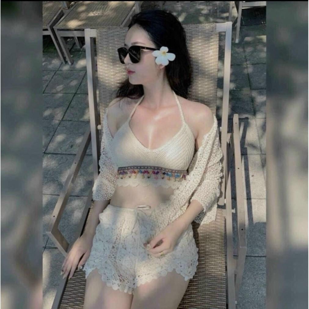 Set Đồ Nữ Set Bikini 3 Món Đi Biển Chất Ren Tông Nhẹ Trẻ Trung Kiểu Dáng Năng Động