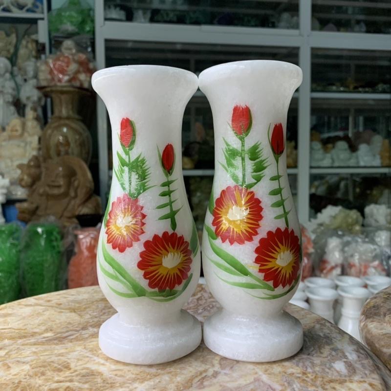 Cặp Bình Vẽ Hoa Đá Trắng - cao 18.5cm